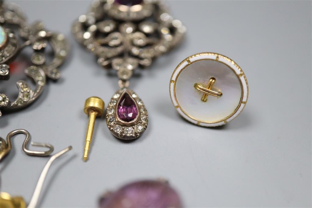 Two Victorian style white metal and paste set scrolling pendants and other minor jewellery.
